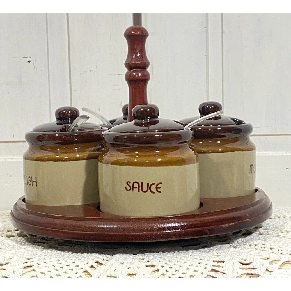 Vintage Stoneware Condiment Set w/4 Covered Labeled Jars & Spoons on Lazy‎ Susan